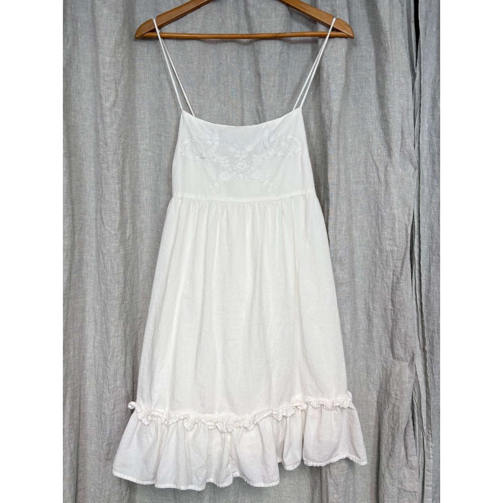 H&M Divided White Embroidered Cotton Ruffle Mini Dress Large Sundress Boho